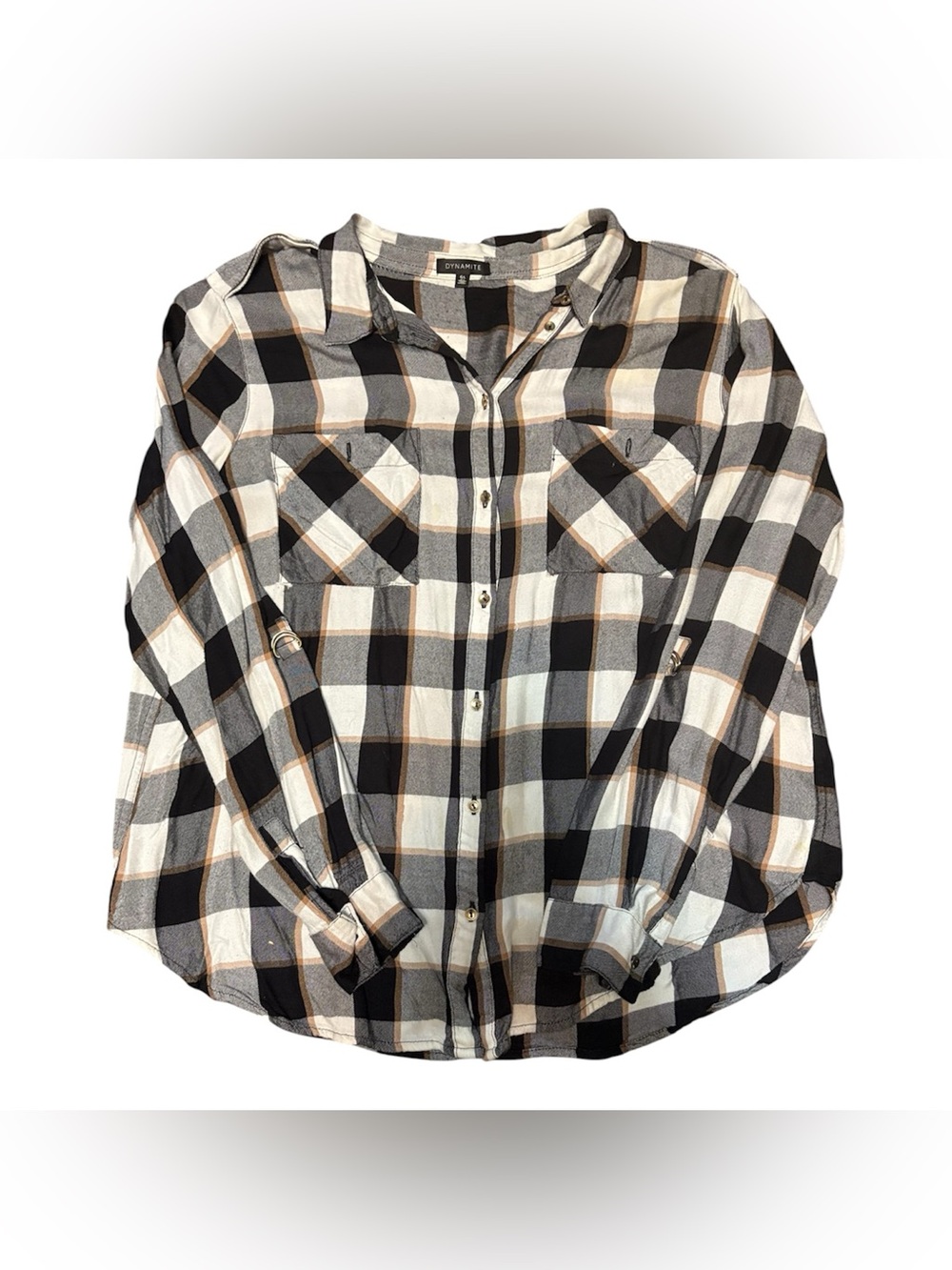 Dynamite Black, White & Tan Plaid Button-Down Shirt